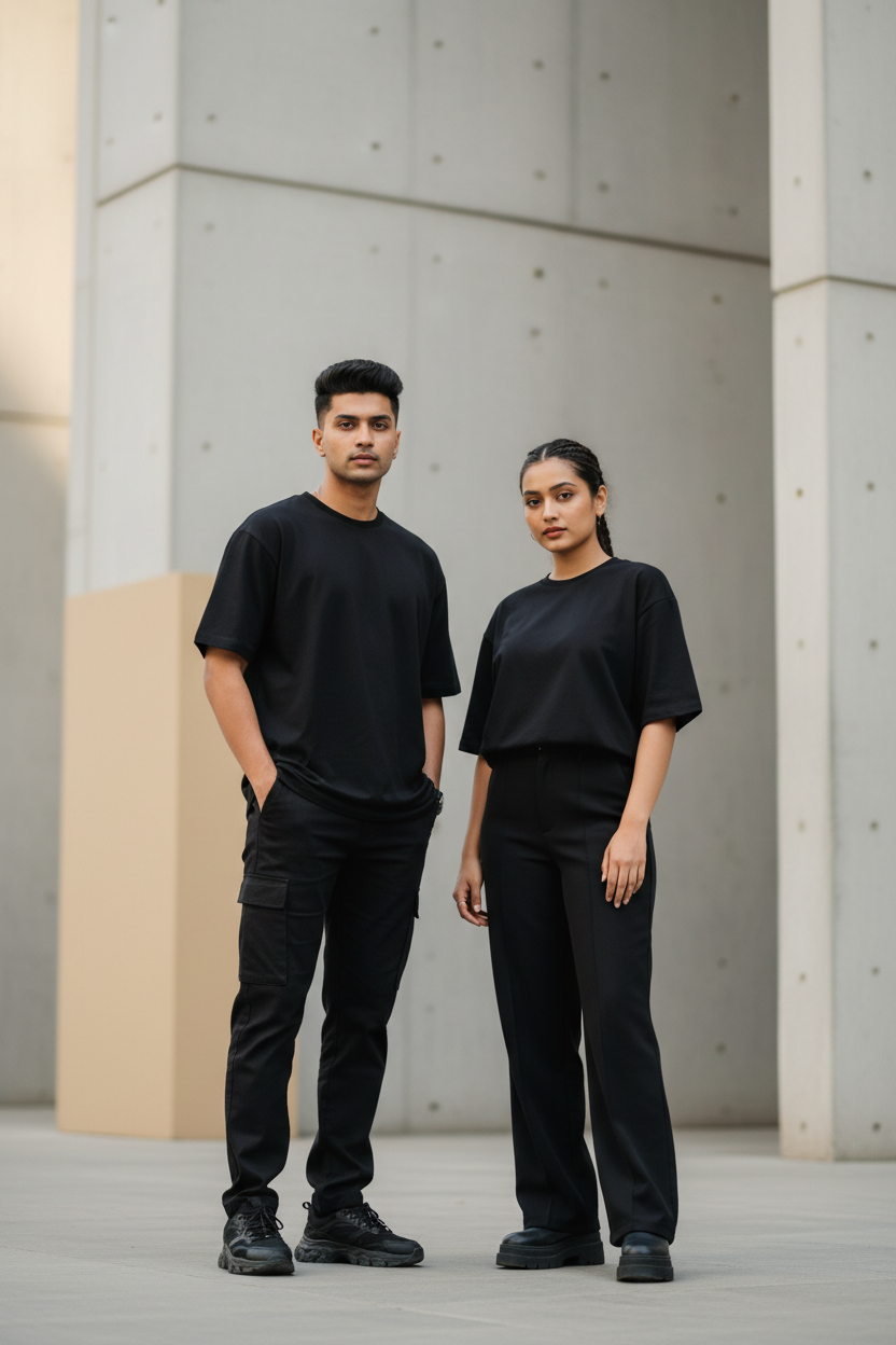 Create a vertical (9:16) mobile hero banner image for a meme-inspired T-shirt brand.

Show one or two young Indian adults wearing plain black T-shirts.
Modern streetwear vibe, confident and relaxed poses.
Urban background with neutral colors and soft natural lighting.

Place the subjects centered in the frame, leaving clear empty space above or below for headline and button.
No text, no logos, no political symbols.
Photorealistic, high resolution, clean and premium.
